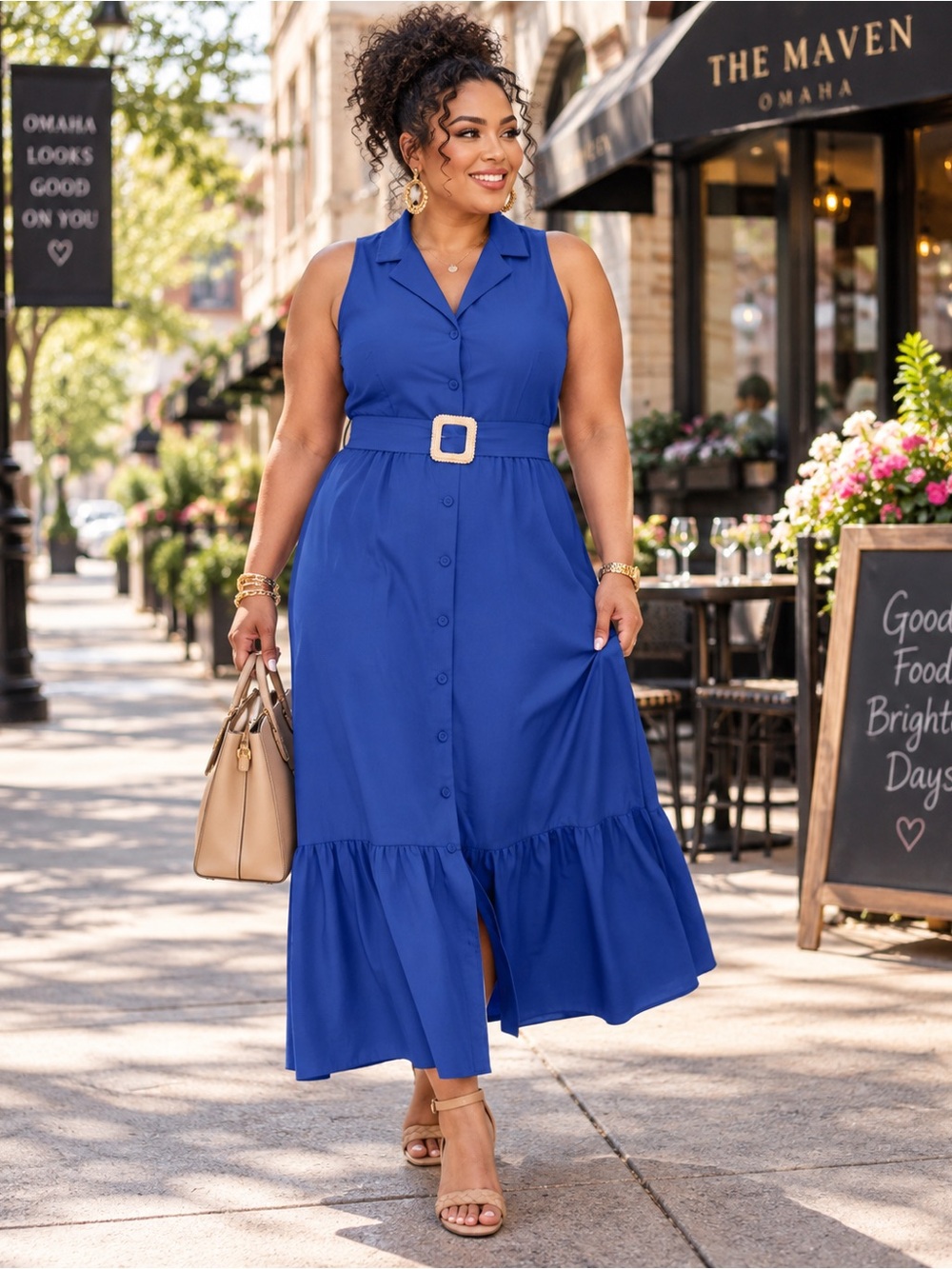 London Times 2X Mazarine Blue Sleeveless Belted Maxi Dress | Brunch Wedding